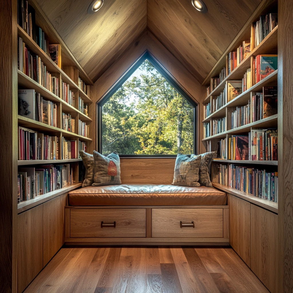 Cozy Book Nook with Built-In Shelves and Window Seat