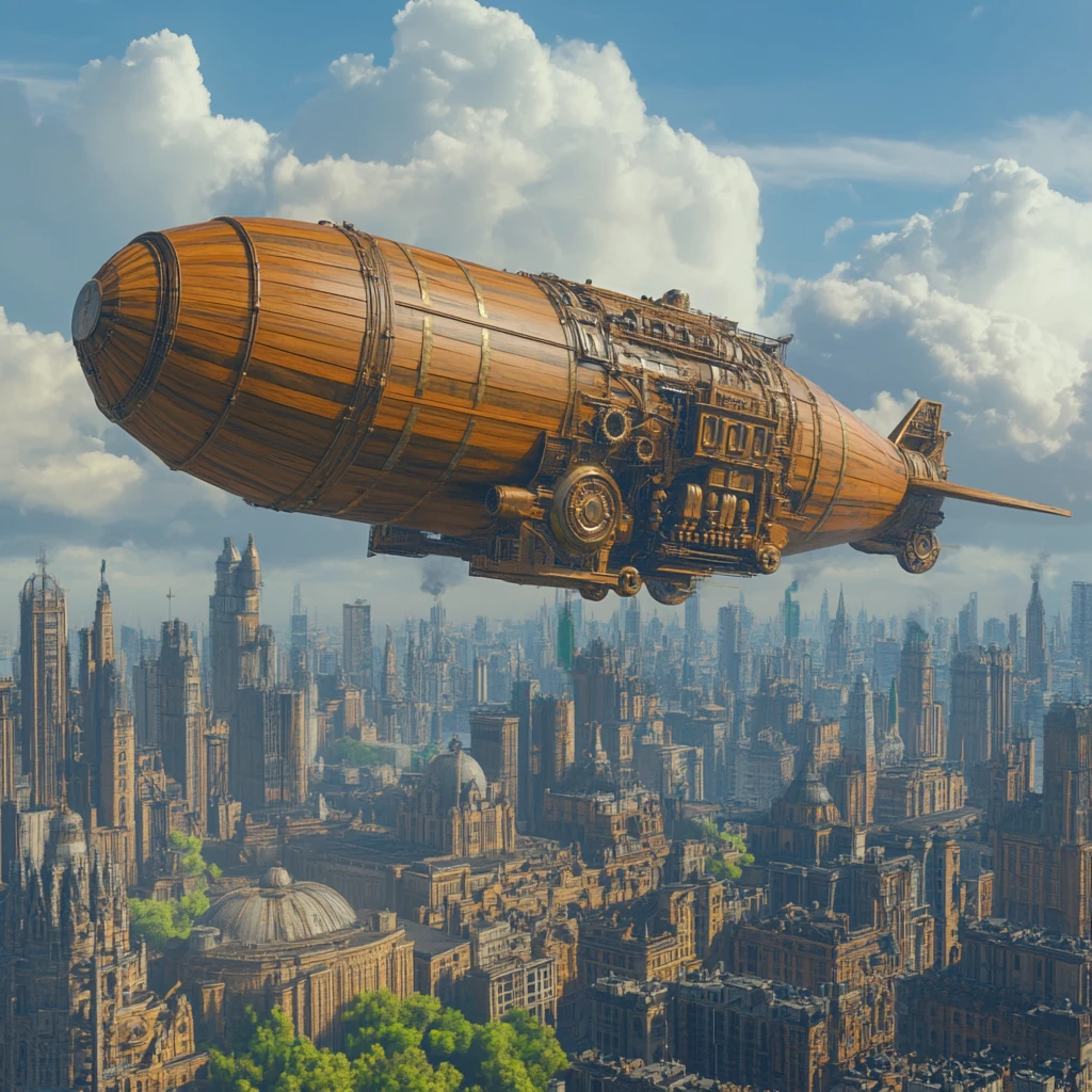 Steampunk Blimp Flying Over The City