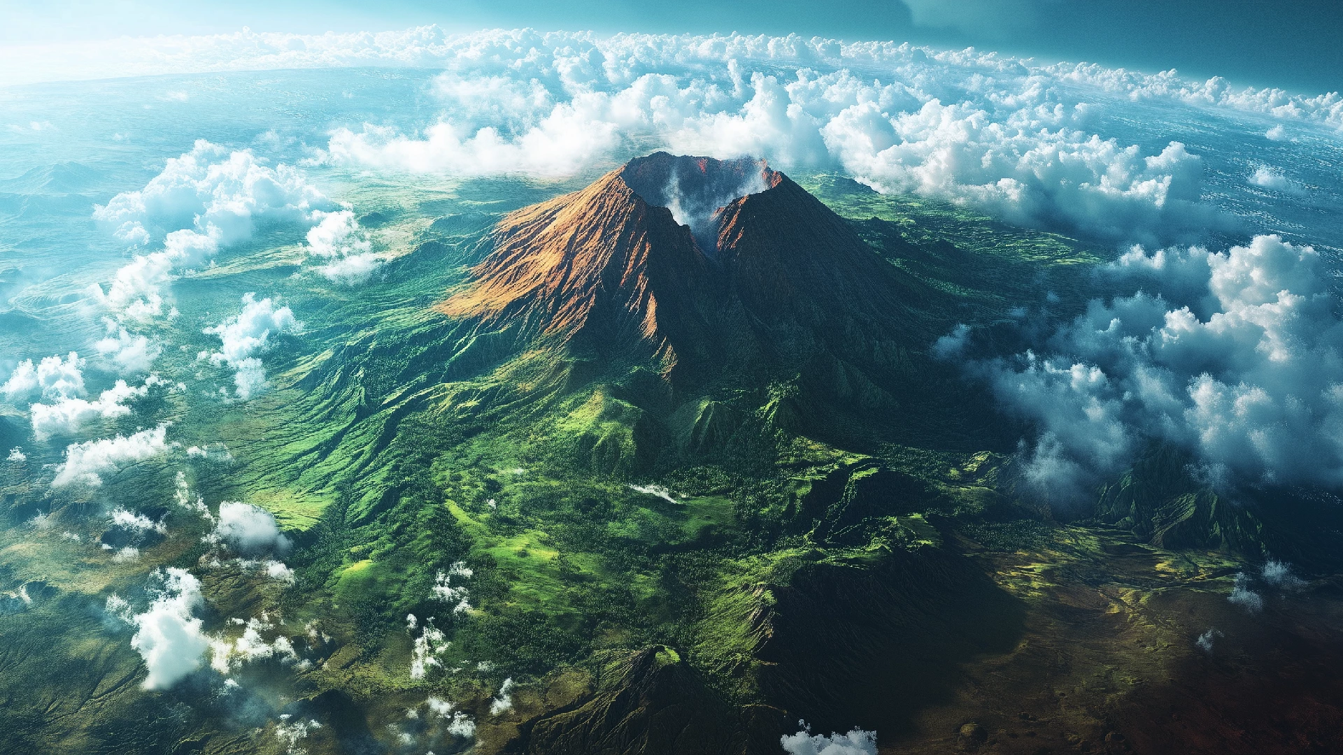 Volcano On A Distant World Surrounded By Lush Forests